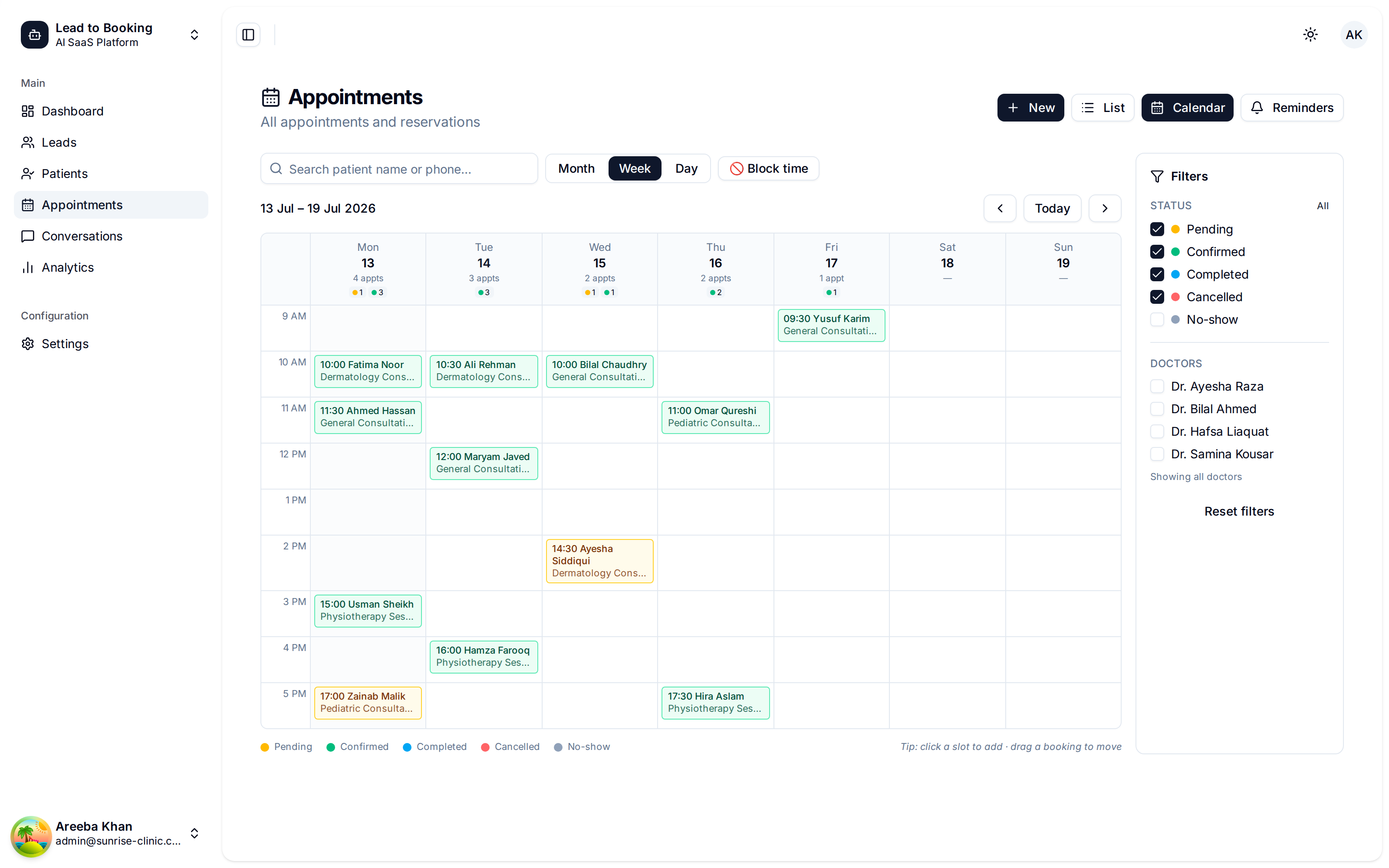 Weekly appointments calendar with color-coded bookings per doctor and status filters