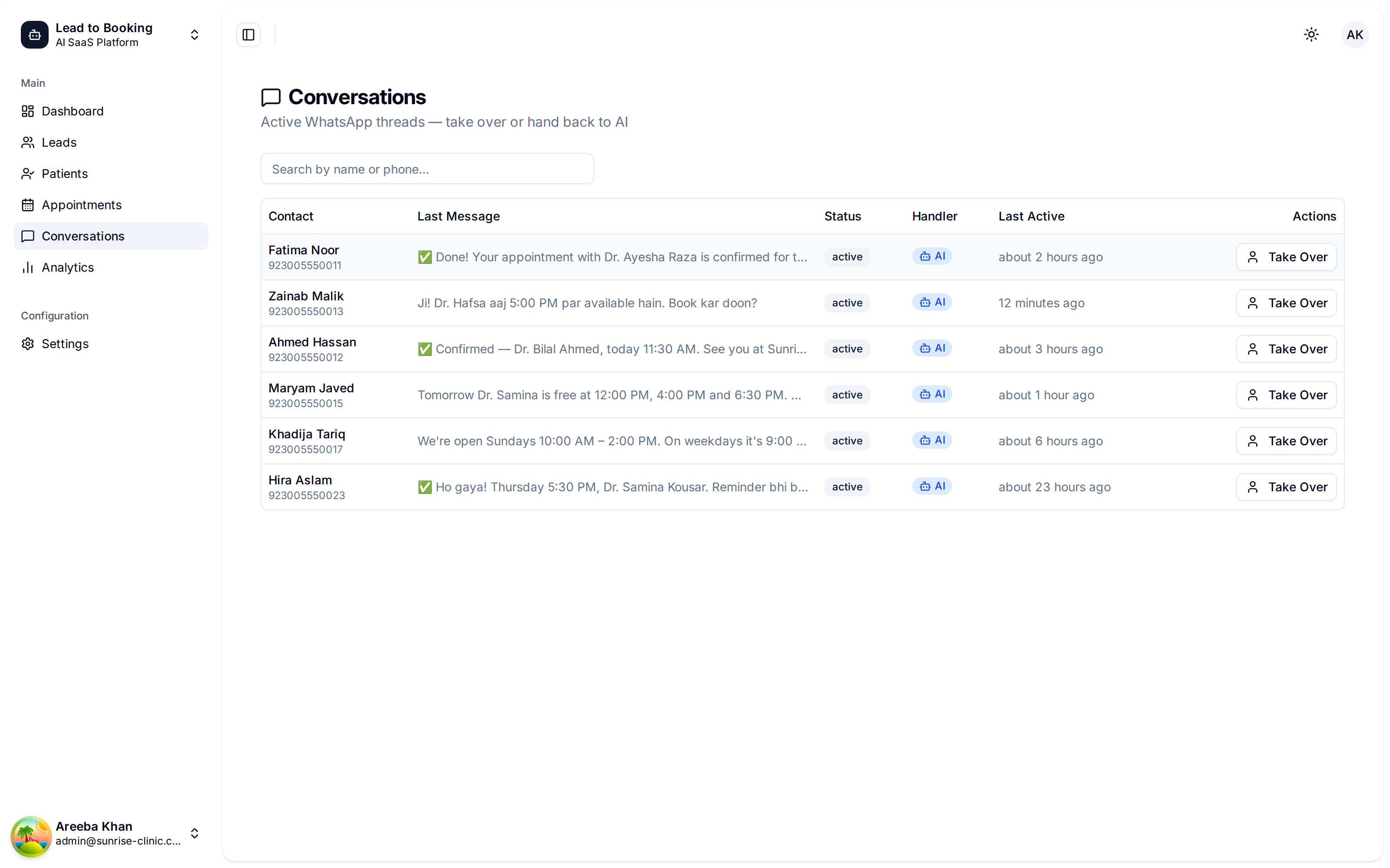 Conversations inbox listing WhatsApp threads with AI handler badges and take-over buttons