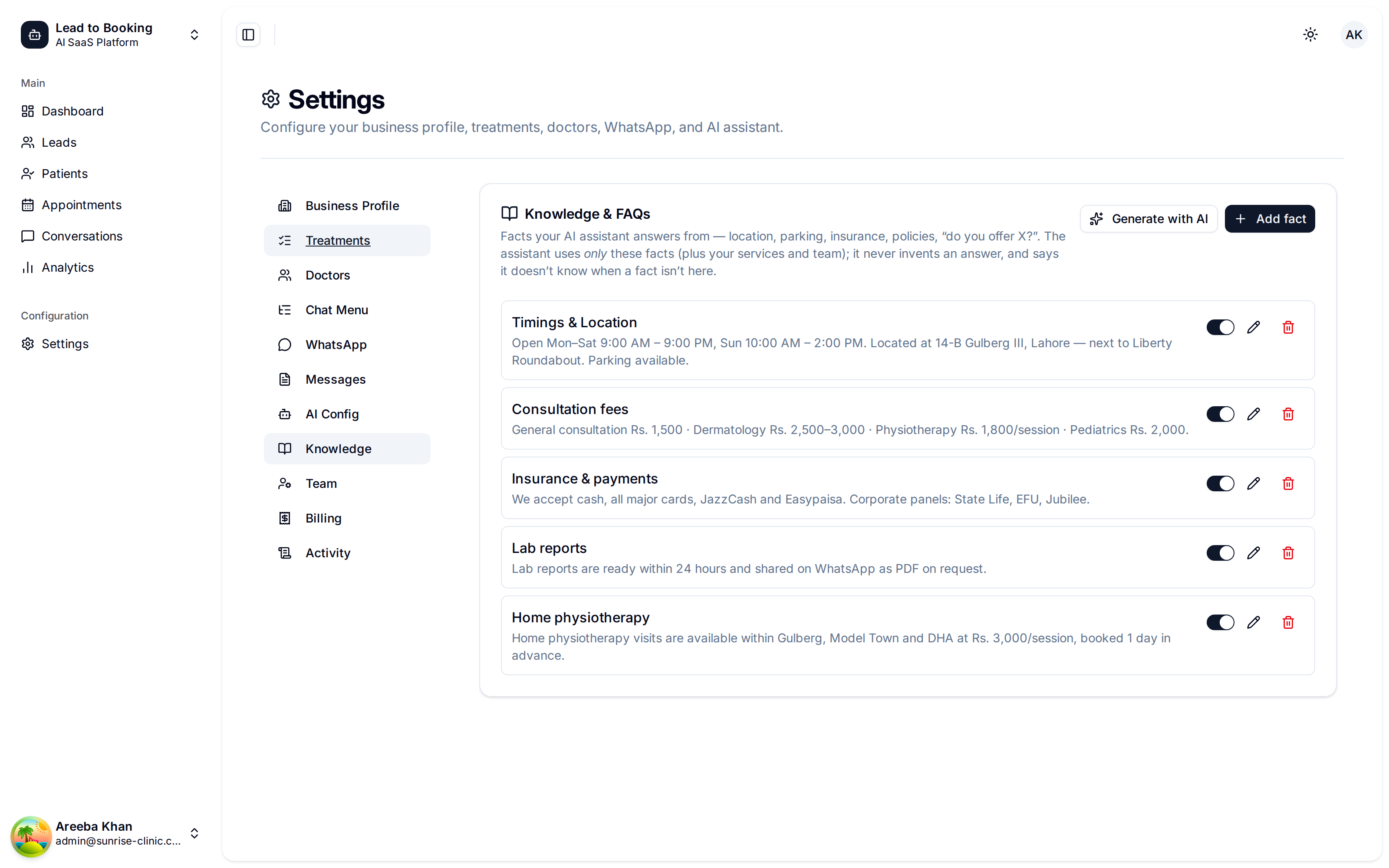 Knowledge base editor listing business facts the AI is allowed to use